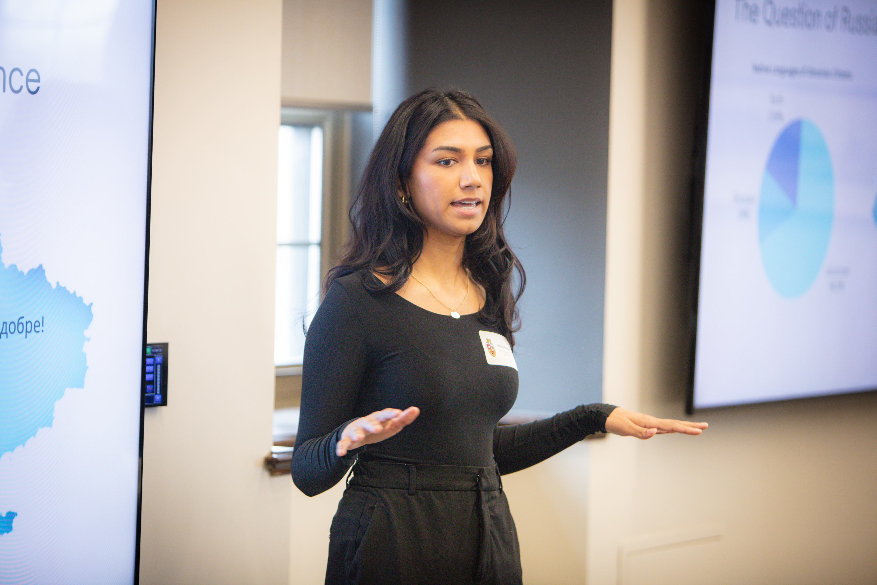 Stefanie Menezes, MA candidate, College of Arts, presenting at the Three-Minute Thesis College Heat at the University of Guelph on April 11, 2025